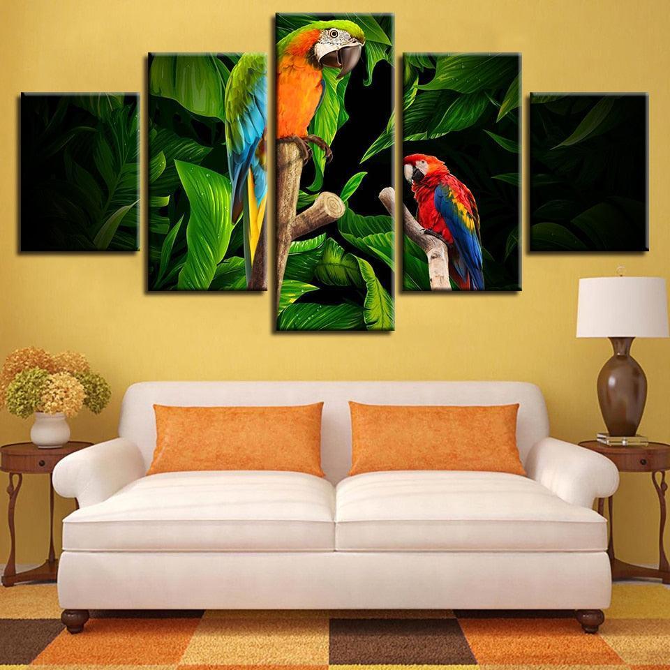Tropical Parrots on Tree 5 Piece HD Multi Panel Canvas Wall Art Frame-Original Frame