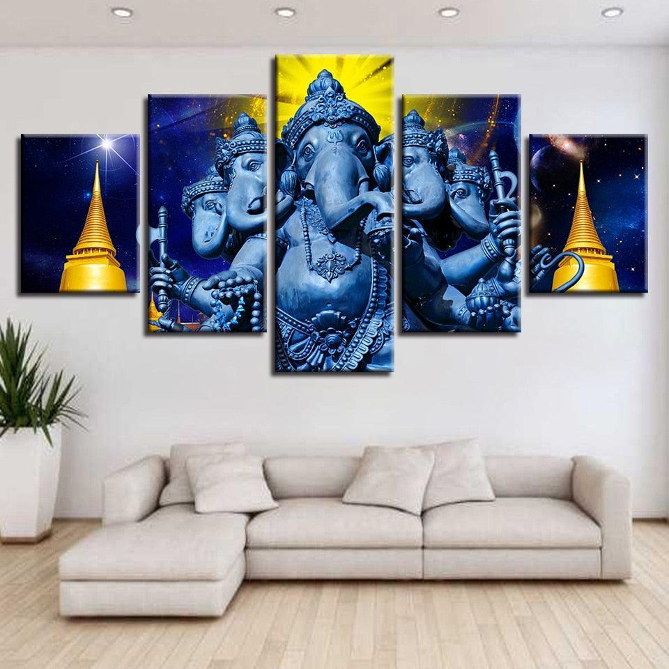 Hindu God Ganesha 5 Piece HD Multi Panel Canvas Wall Art Frame-Original Frame