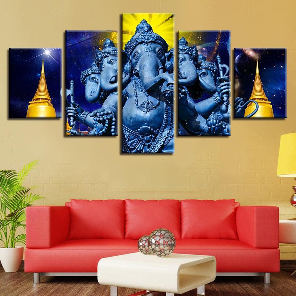 Hindu God Ganesha 5 Piece HD Multi Panel Canvas Wall Art Frame-Original Frame