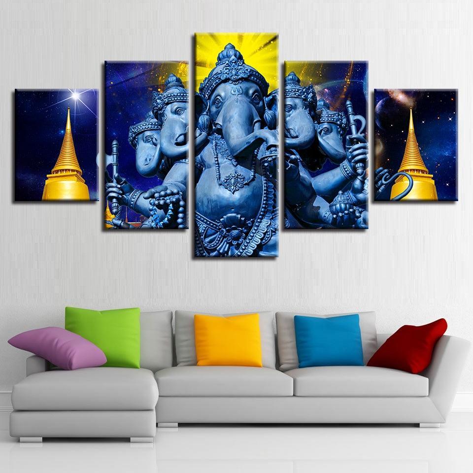 Hindu God Ganesha 5 Piece HD Multi Panel Canvas Wall Art Frame-Original Frame