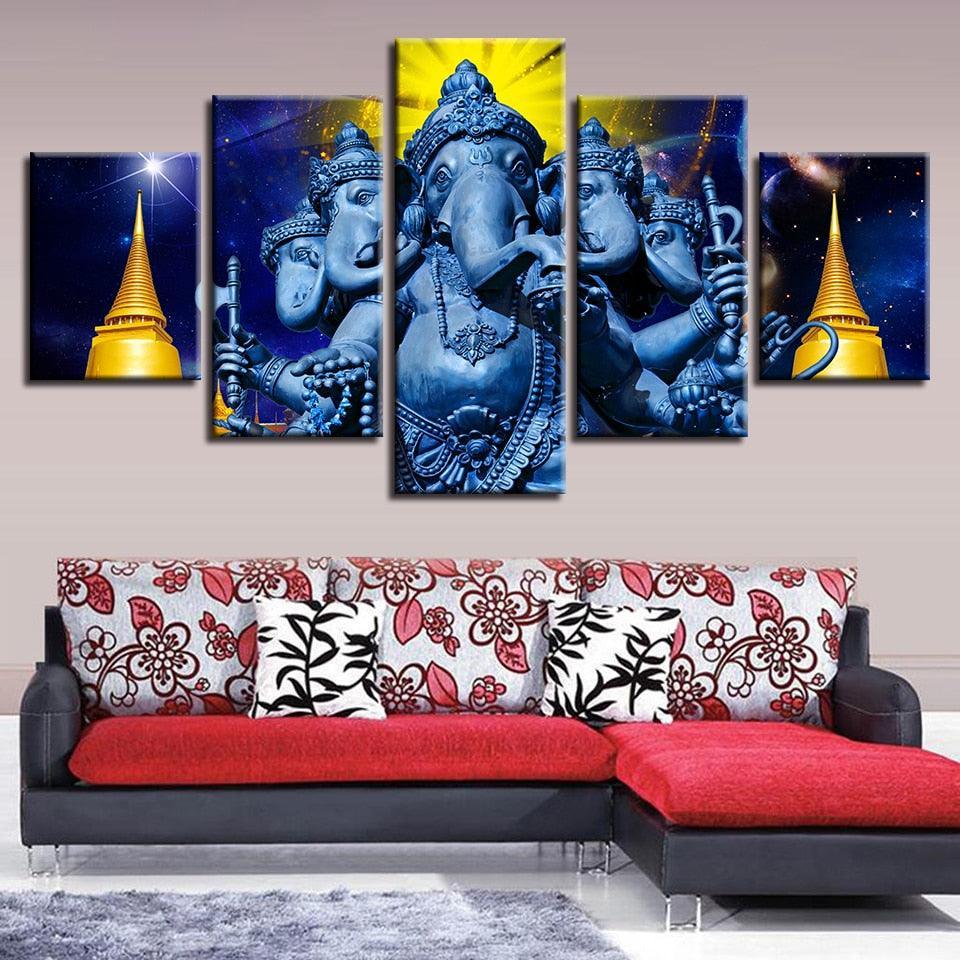 Hindu God Ganesha 5 Piece HD Multi Panel Canvas Wall Art Frame-Original Frame