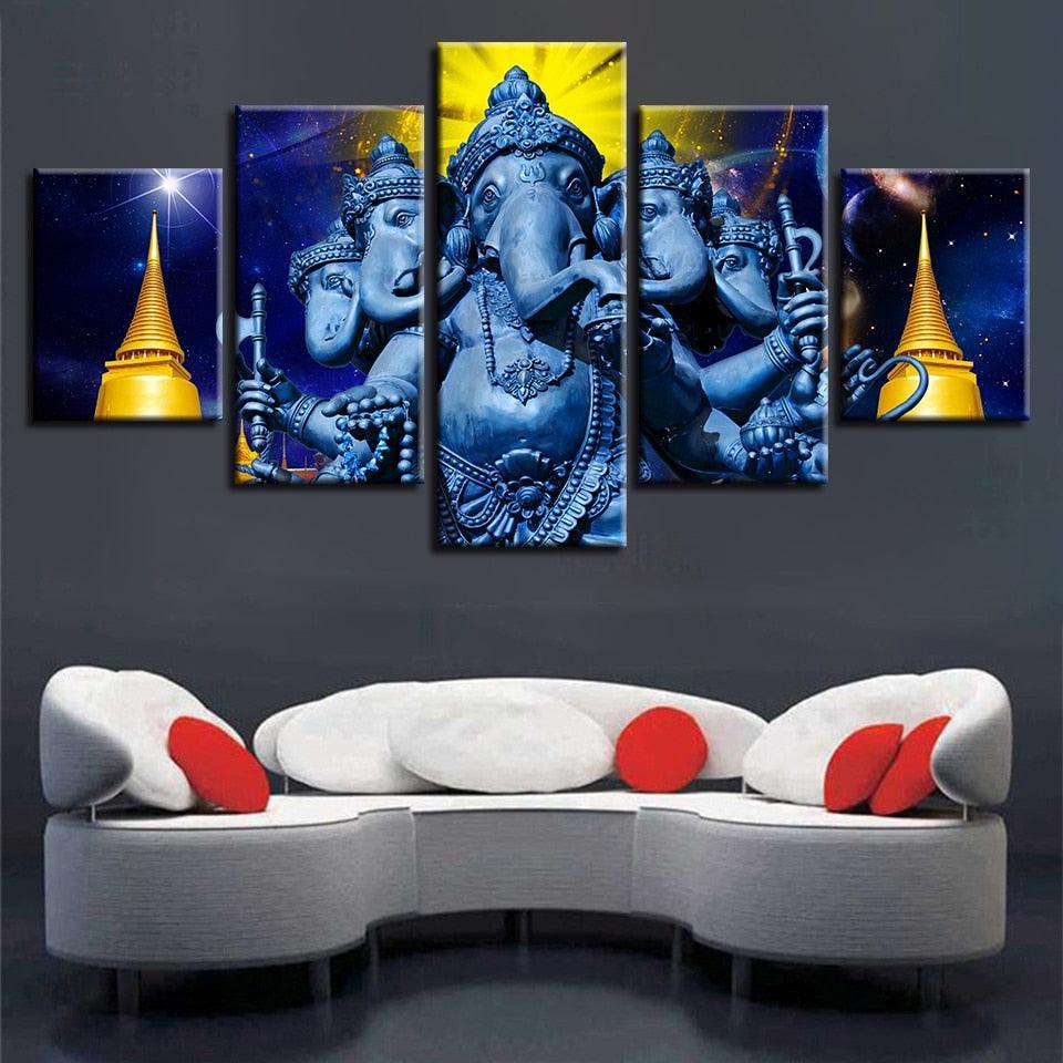 Hindu God Ganesha 5 Piece HD Multi Panel Canvas Wall Art Frame-Original Frame