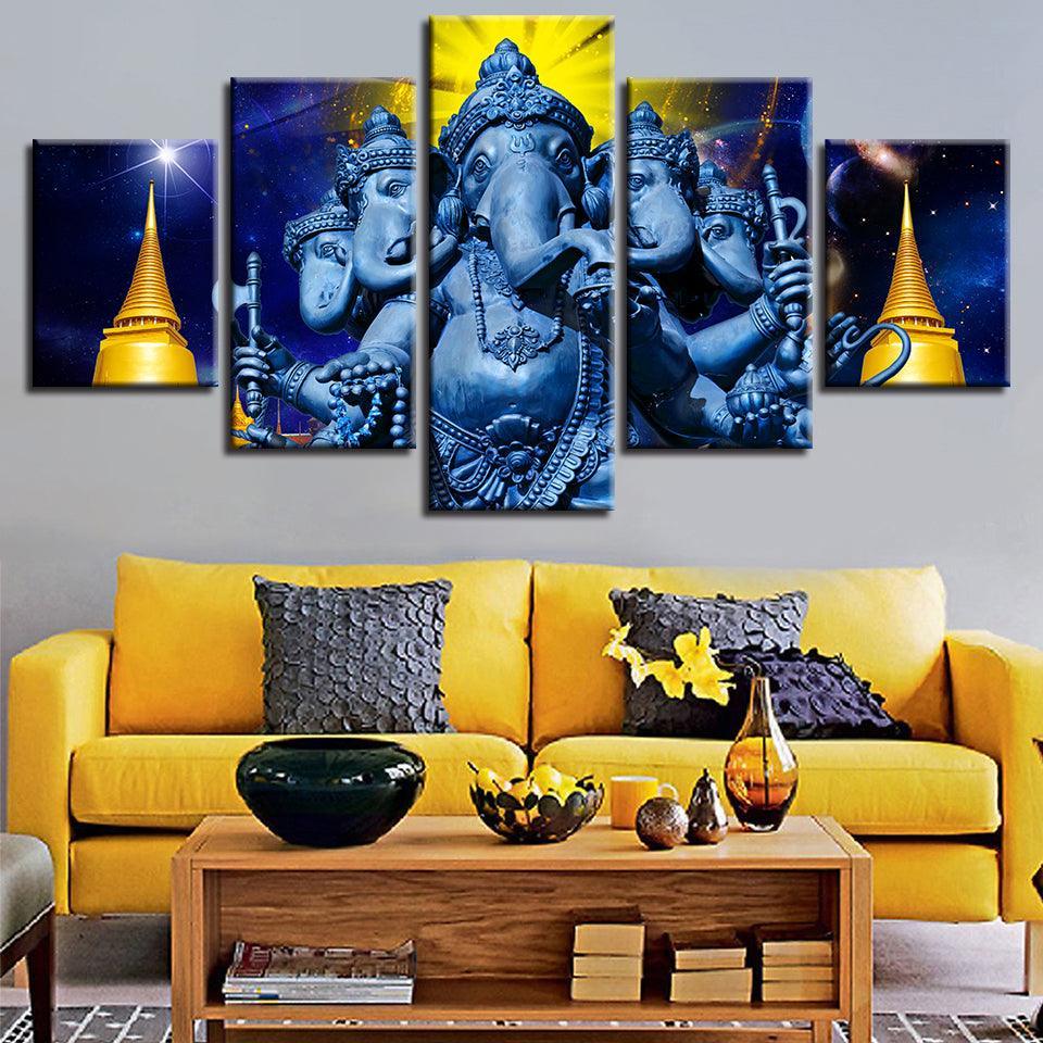 Hindu God Ganesha 5 Piece HD Multi Panel Canvas Wall Art Frame-Original Frame