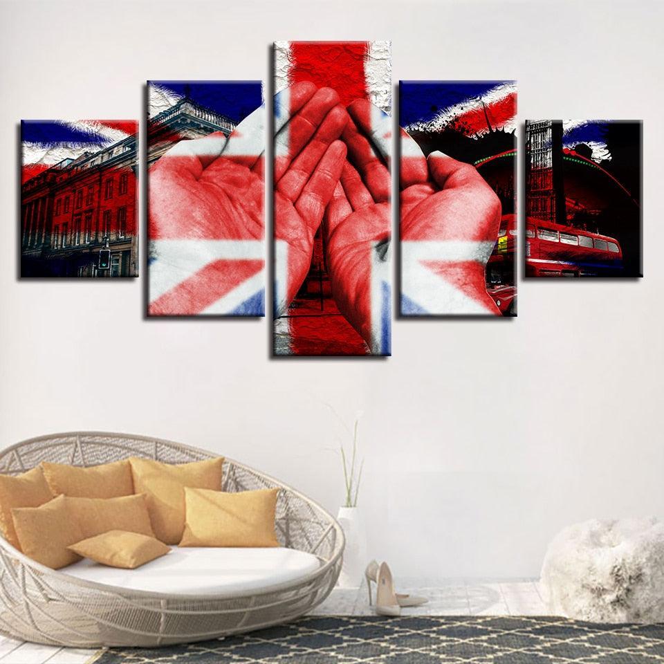 British Flag And Hand Building 5 Piece HD Multi Panel Canvas Wall Art Frame-Original Frame