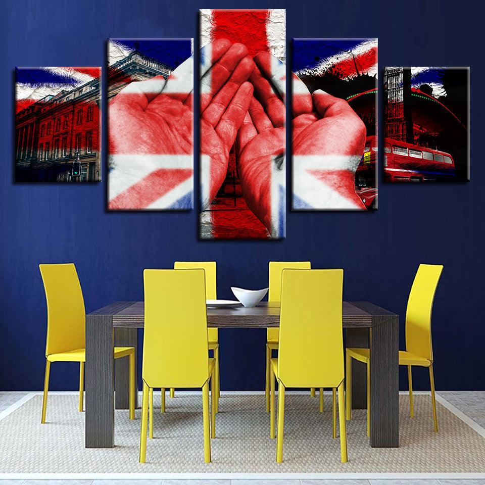 British Flag And Hand Building 5 Piece HD Multi Panel Canvas Wall Art Frame-Original Frame