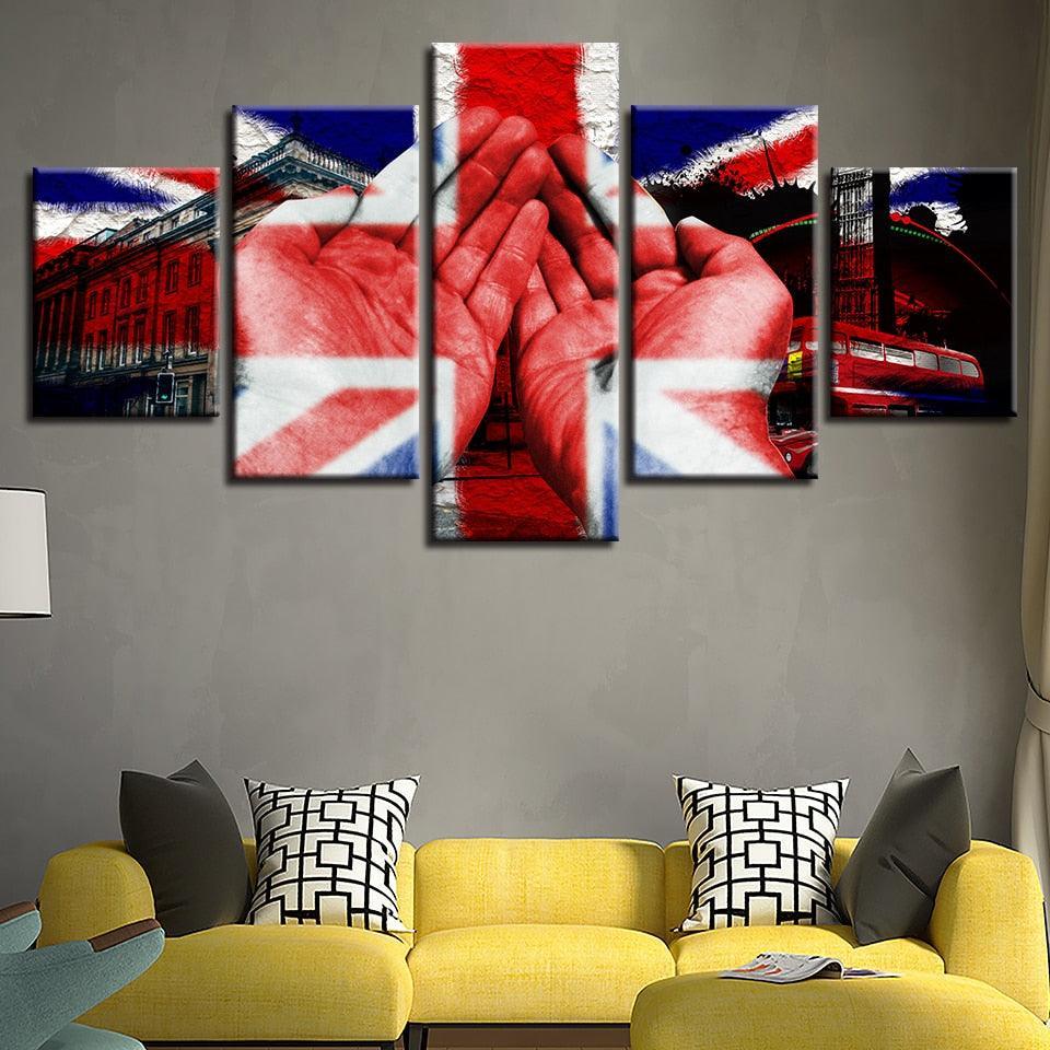 British Flag And Hand Building 5 Piece HD Multi Panel Canvas Wall Art Frame-Original Frame