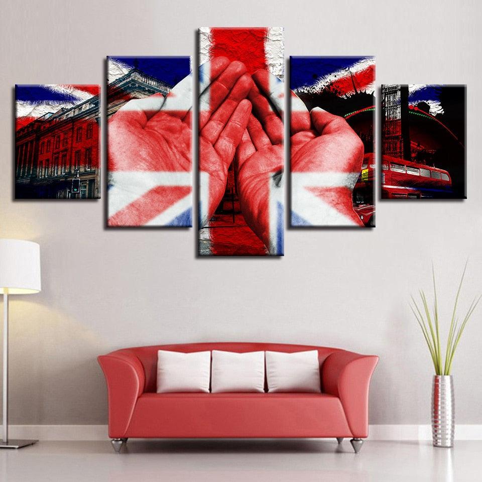 British Flag And Hand Building 5 Piece HD Multi Panel Canvas Wall Art Frame-Original Frame