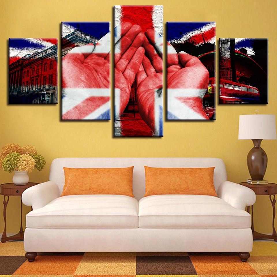 British Flag And Hand Building 5 Piece HD Multi Panel Canvas Wall Art Frame-Original Frame