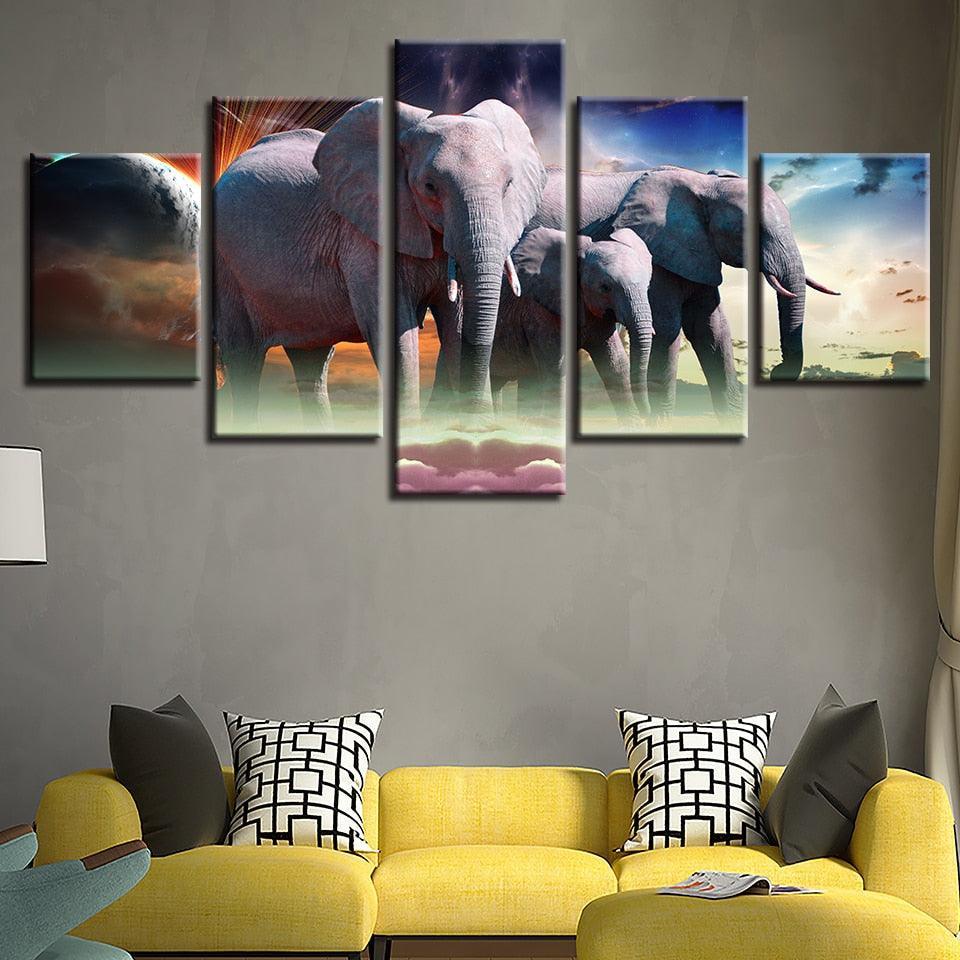 Wild Elephant Pack 5 Piece HD Multi Panel Canvas Wall Art Frame-Original Frame