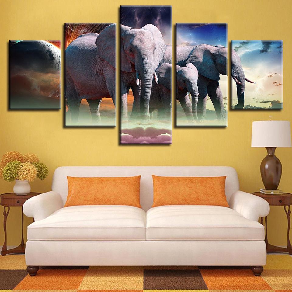 Wild Elephant Pack 5 Piece HD Multi Panel Canvas Wall Art Frame-Original Frame