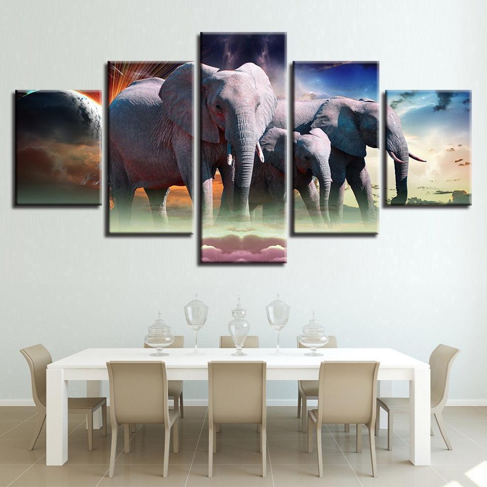 Wild Elephant Pack 5 Piece HD Multi Panel Canvas Wall Art Frame-Original Frame