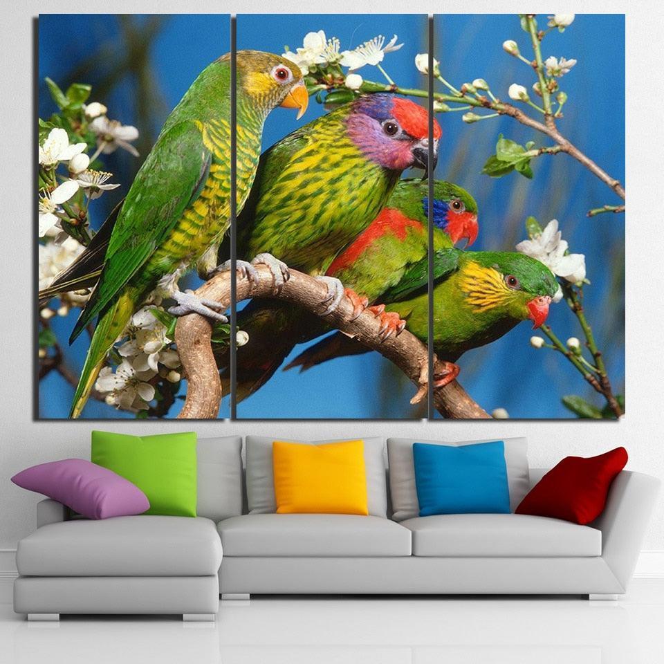 Four Parrots 3 Piece HD Multi Panel Canvas Wall Art Frame-Original Frame
