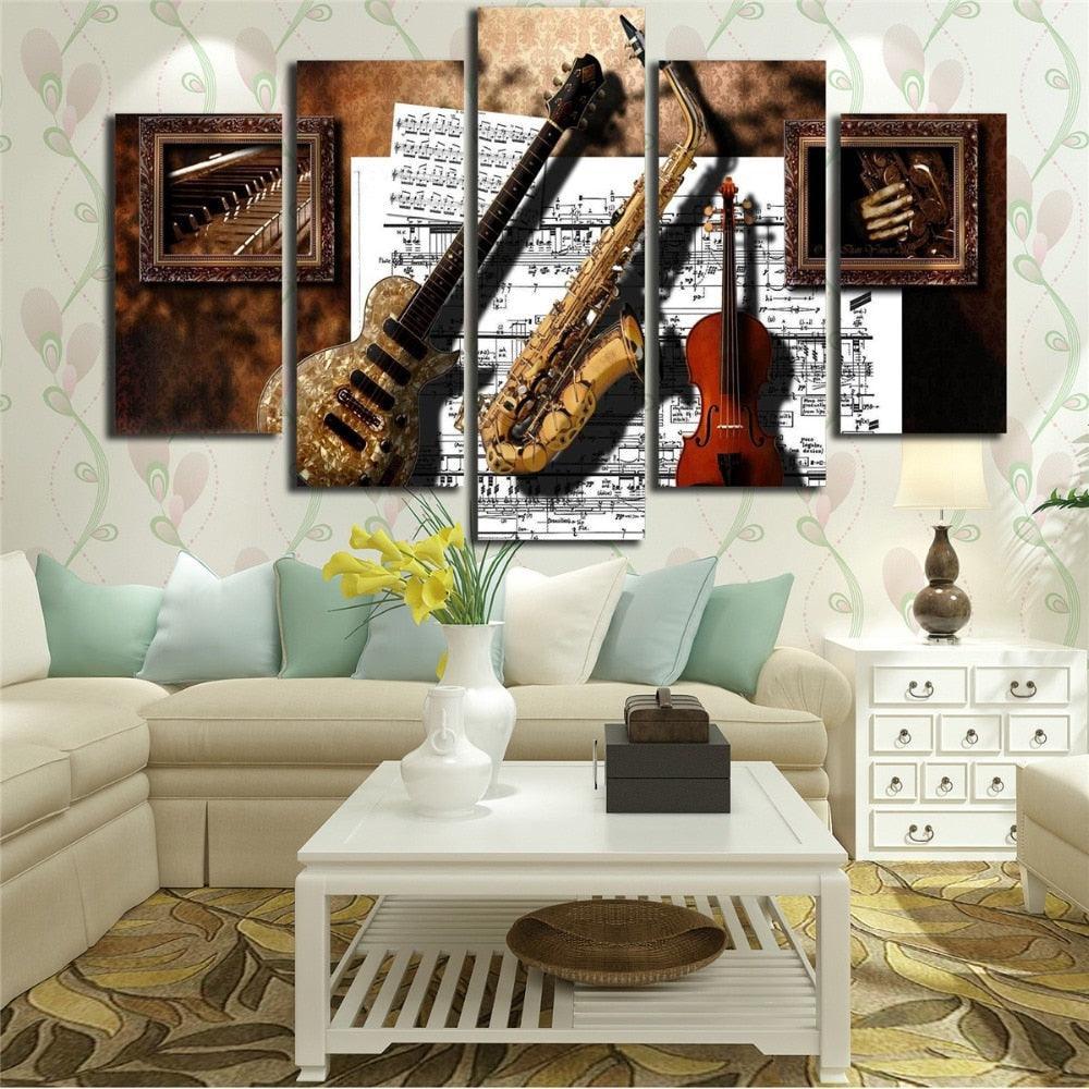 Guitar Saxophone Violin 5 Piece HD Multi Panel Canvas Wall Art-Original Frame
