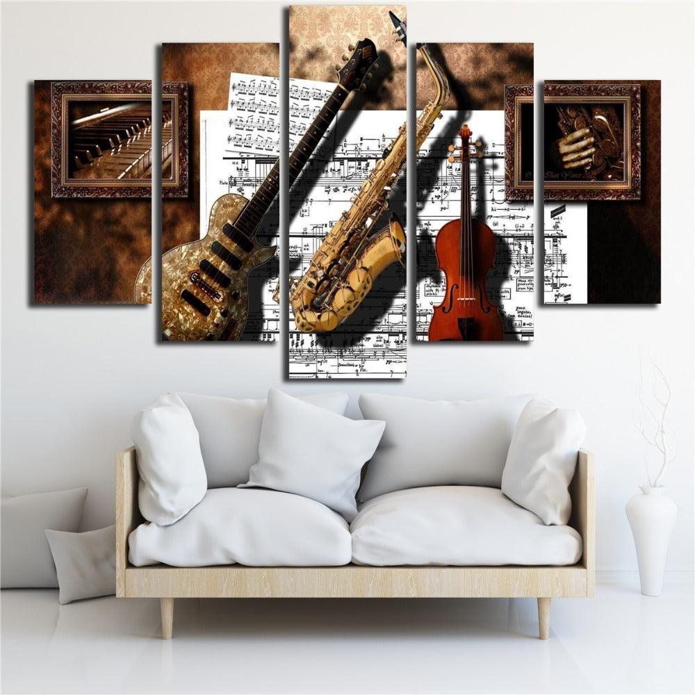 Guitar Saxophone Violin 5 Piece HD Multi Panel Canvas Wall Art-Original Frame
