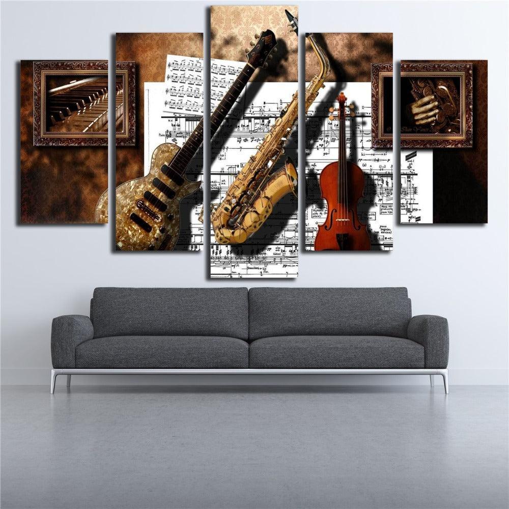 Guitar Saxophone Violin 5 Piece HD Multi Panel Canvas Wall Art-Original Frame