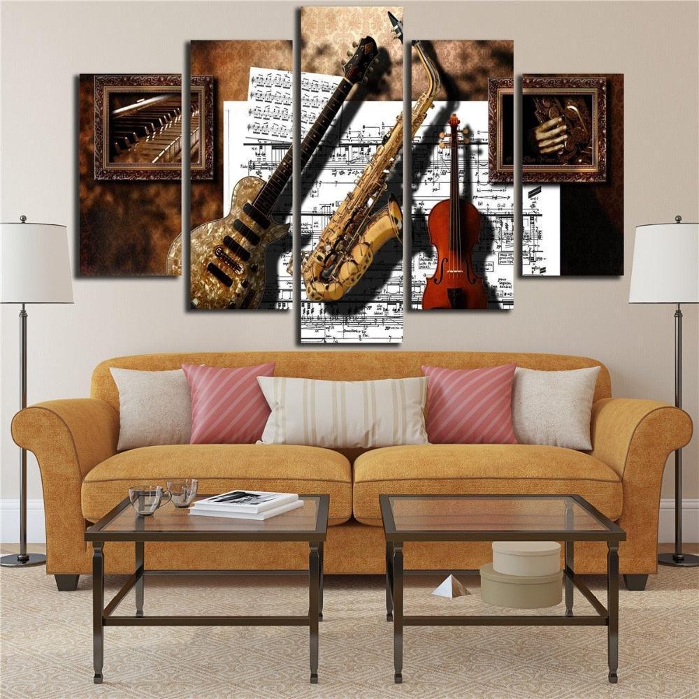 Guitar Saxophone Violin 5 Piece HD Multi Panel Canvas Wall Art-Original Frame