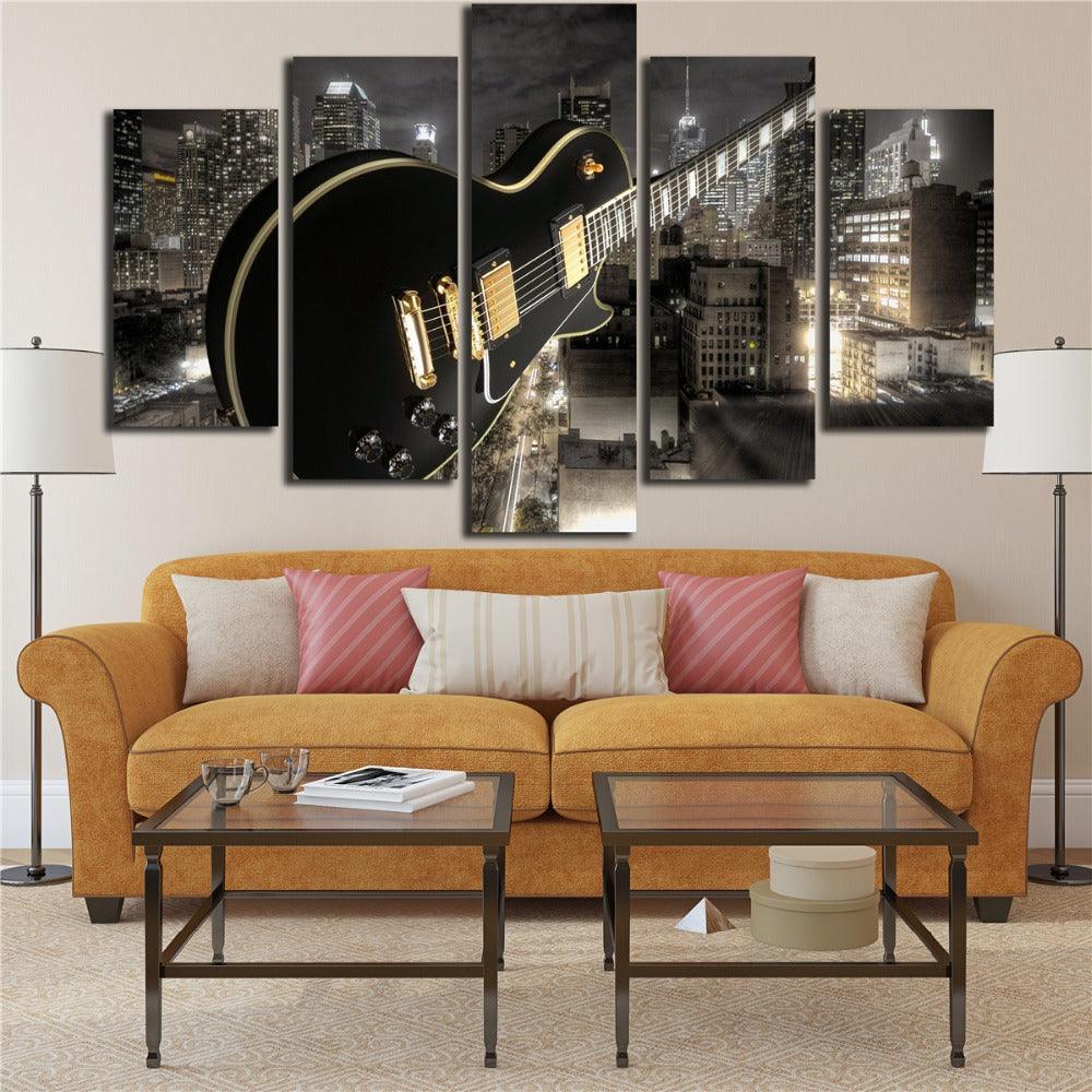 Guitar And City 5 Piece HD Multi Panel Canvas Wall Art-Original Frame