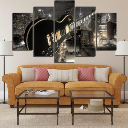 Guitar And City 5 Piece HD Multi Panel Canvas Wall Art-Original Frame