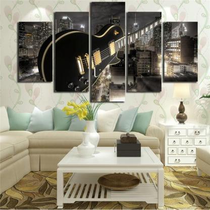 Guitar And City 5 Piece HD Multi Panel Canvas Wall Art-Original Frame