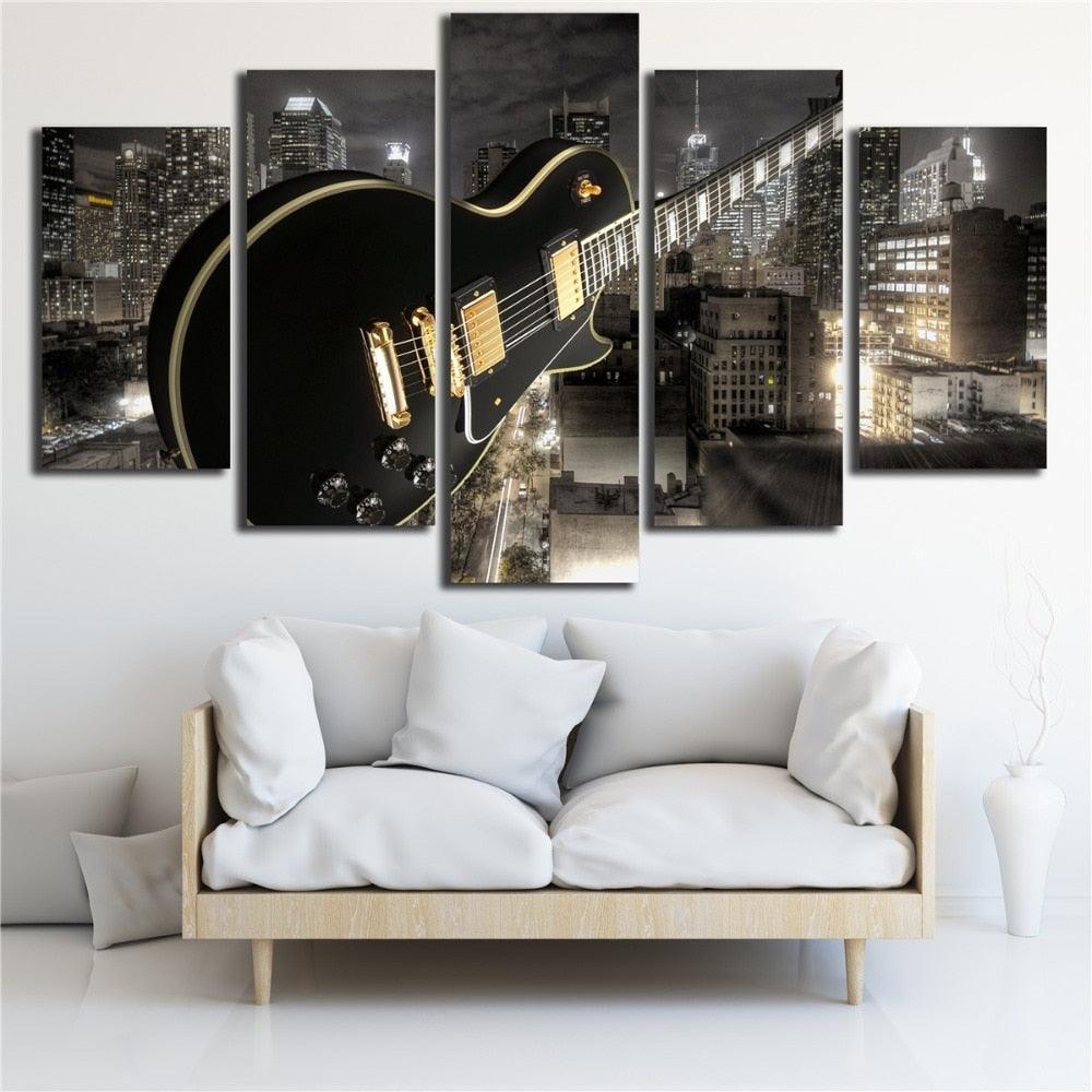 Guitar And City 5 Piece HD Multi Panel Canvas Wall Art-Original Frame