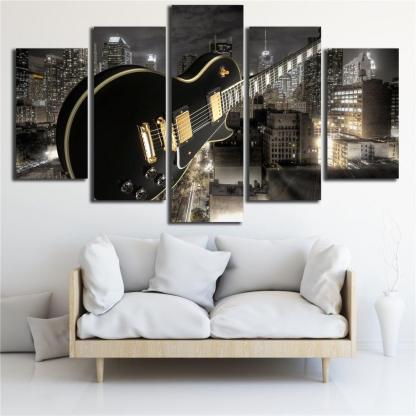 Guitar And City 5 Piece HD Multi Panel Canvas Wall Art-Original Frame