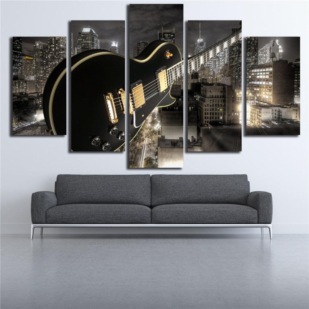 Guitar And City 5 Piece HD Multi Panel Canvas Wall Art-Original Frame