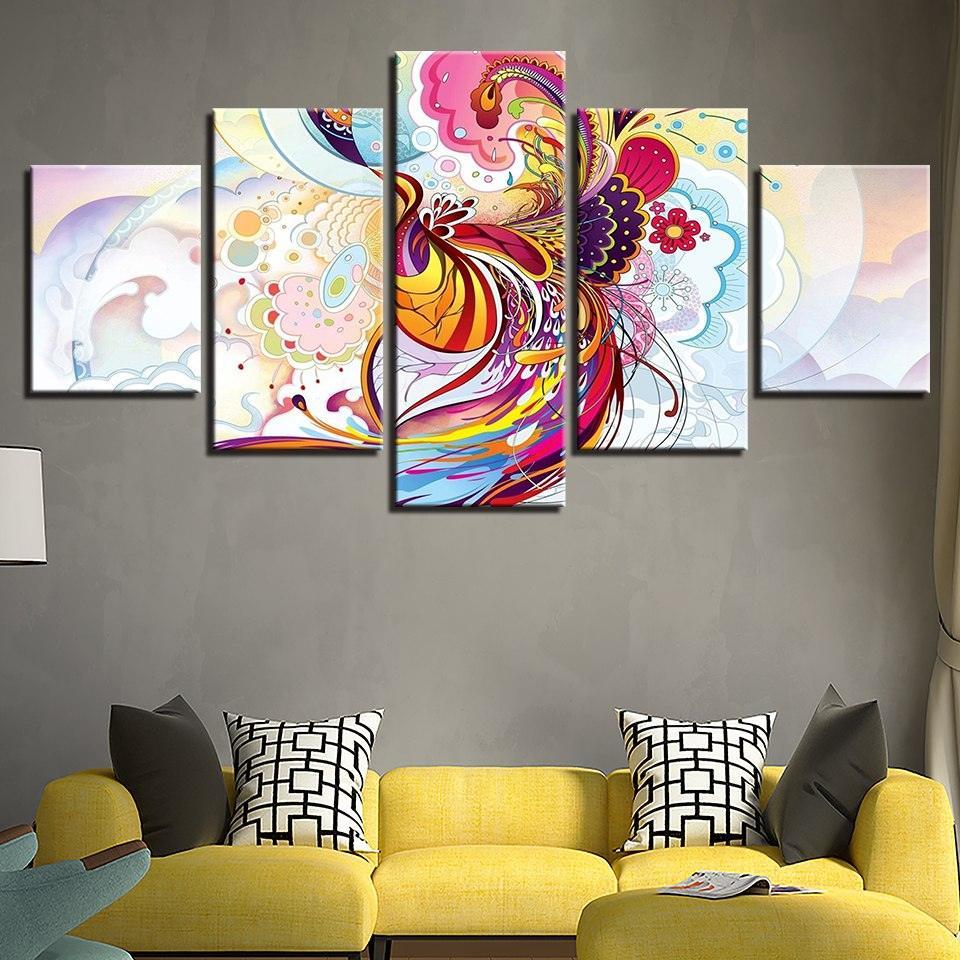 Phoenix Flowers 5 Piece HD Multi Panel Canvas Wall Art Frame-Original Frame