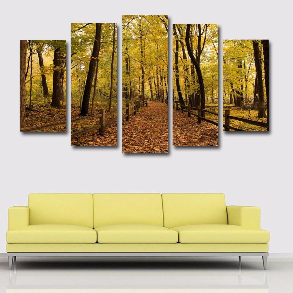 Autumn Forest 5 Piece HD Multi Panel Canvas Wall Art Frame-Original Frame