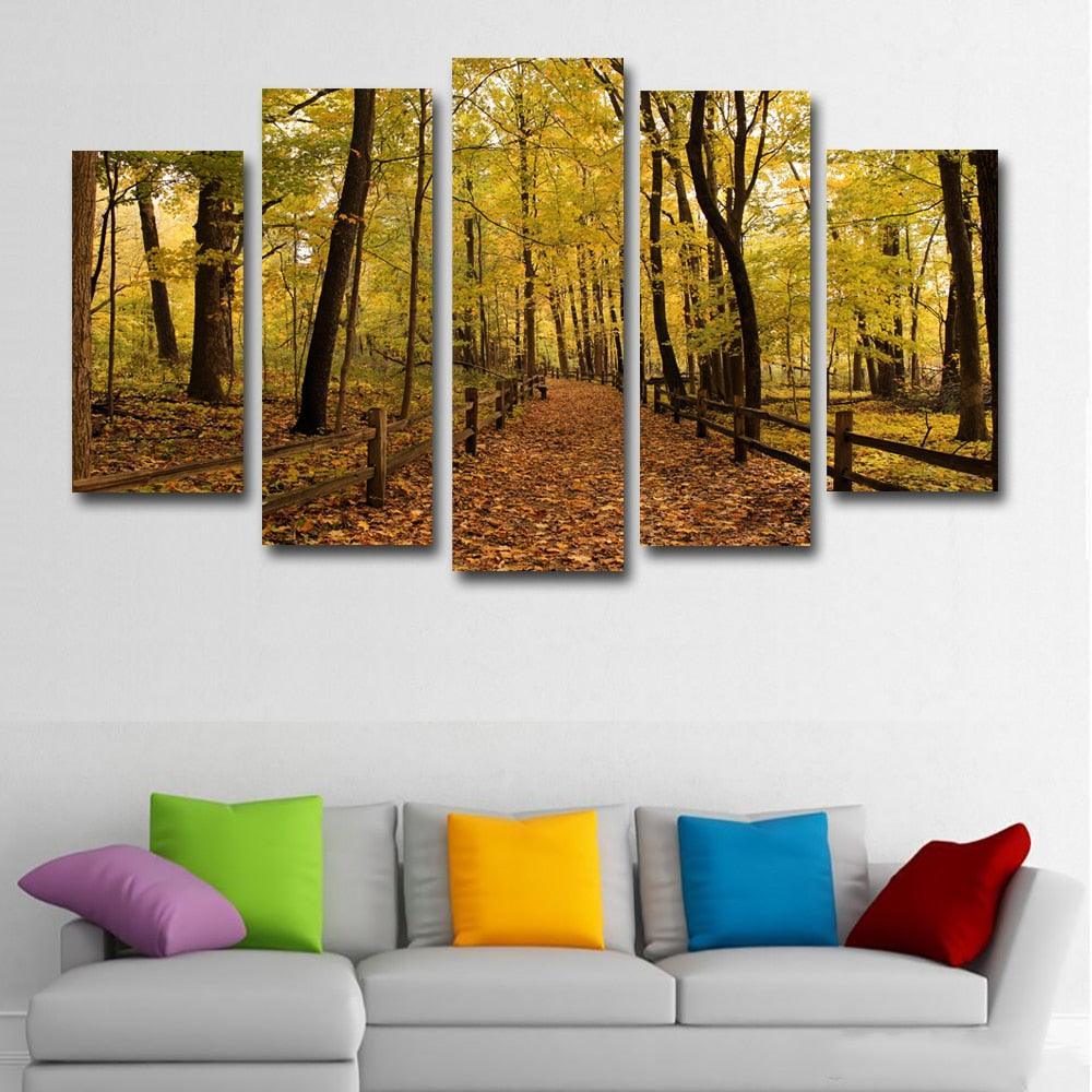 Autumn Forest 5 Piece HD Multi Panel Canvas Wall Art Frame-Original Frame
