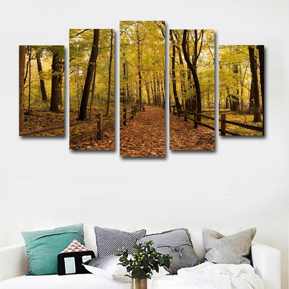 Autumn Forest 5 Piece HD Multi Panel Canvas Wall Art Frame-Original Frame