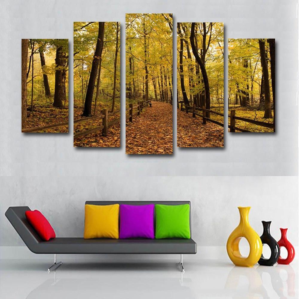 Autumn Forest 5 Piece HD Multi Panel Canvas Wall Art Frame-Original Frame