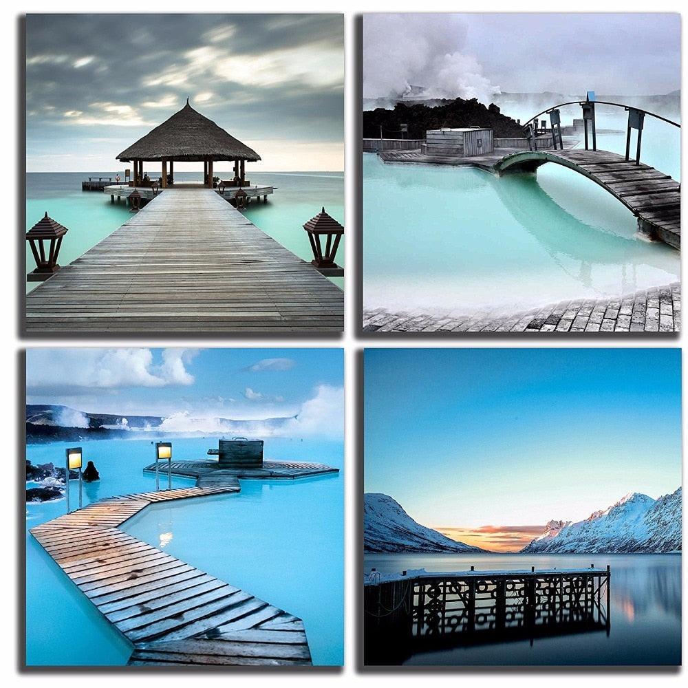 Sea Bridge Scenery 4 Piece HD Multi Panel Canvas Wall Art Frame-Original Frame