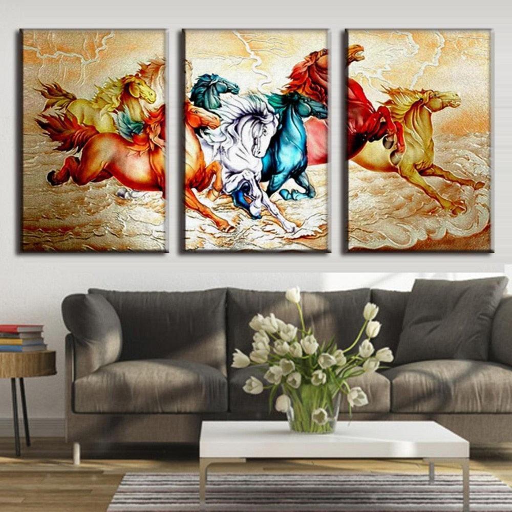 Horse Painting 3 Piece HD Multi Panel Canvas Wall Art Frame-Original Frame