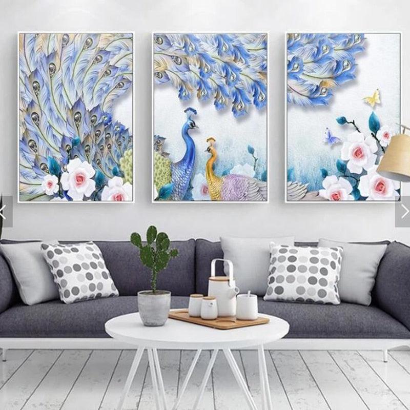 Nature Peacock 3 Piece HD Multi Panel Canvas Wall Art Frame-Original Frame