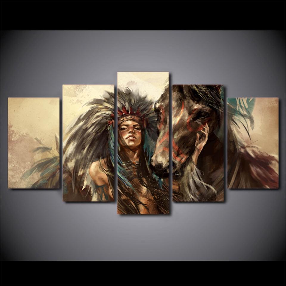 Indian Apache Girl 5 Piece HD Multi Panel Canvas Wall Art Frame-Original Frame