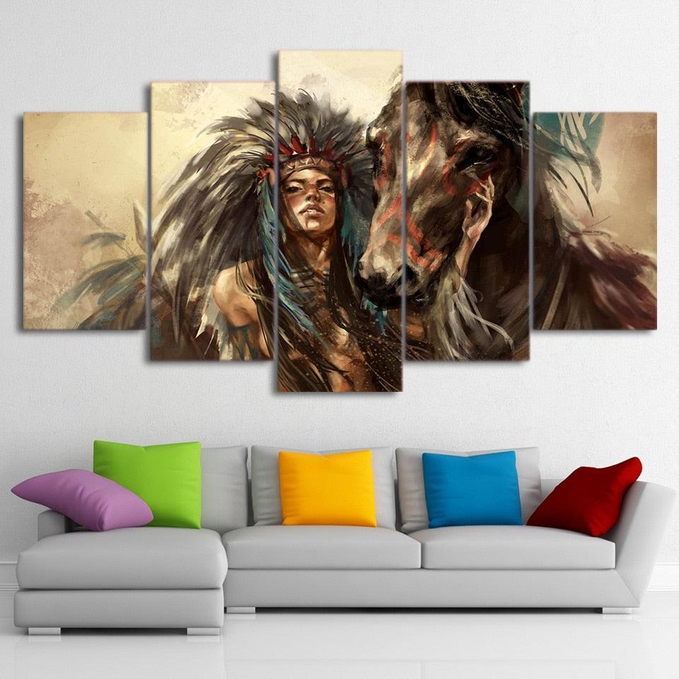 Indian Apache Girl 5 Piece HD Multi Panel Canvas Wall Art Frame-Original Frame