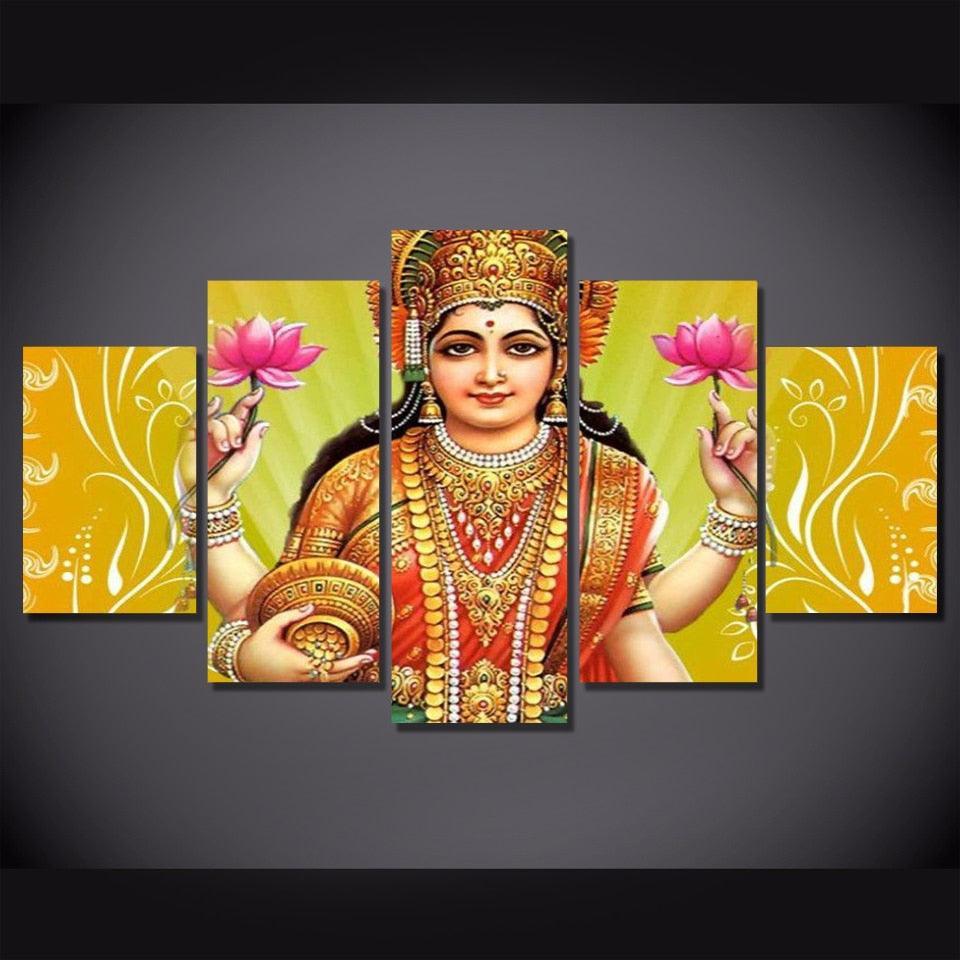 Classical Goddess Lakshmi 5 Piece HD Multi Panel Canvas Wall Art Frame-Original Frame