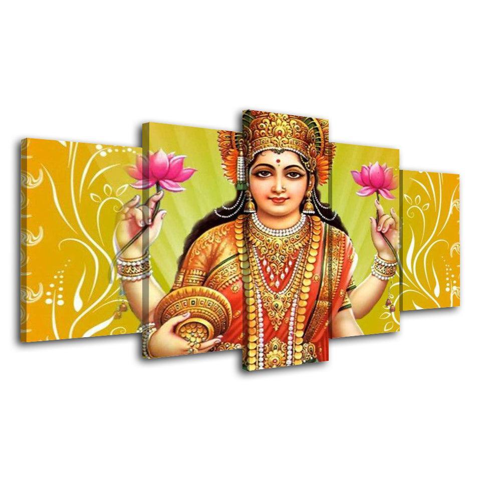 Classical Goddess Lakshmi 5 Piece HD Multi Panel Canvas Wall Art Frame-Original Frame
