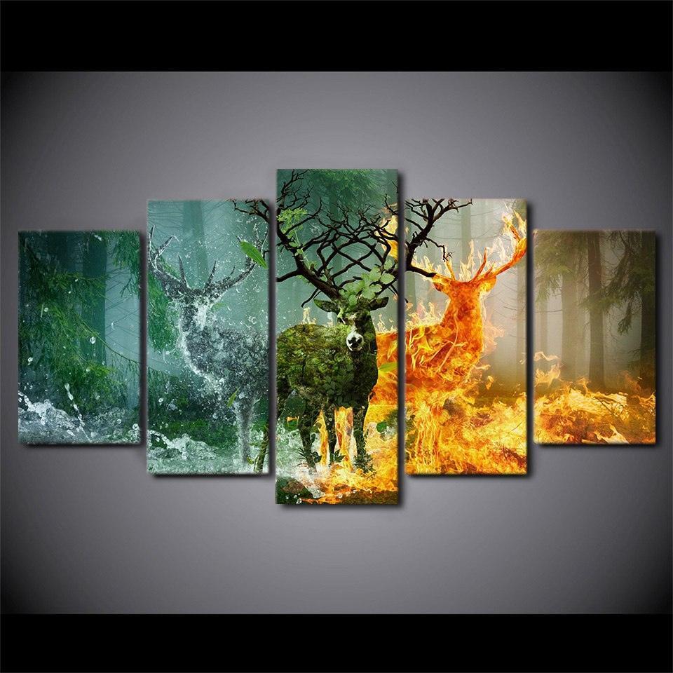 Elegant Deer 5 Piece HD Multi Panel Canvas Wall Art Frame-Original Frame