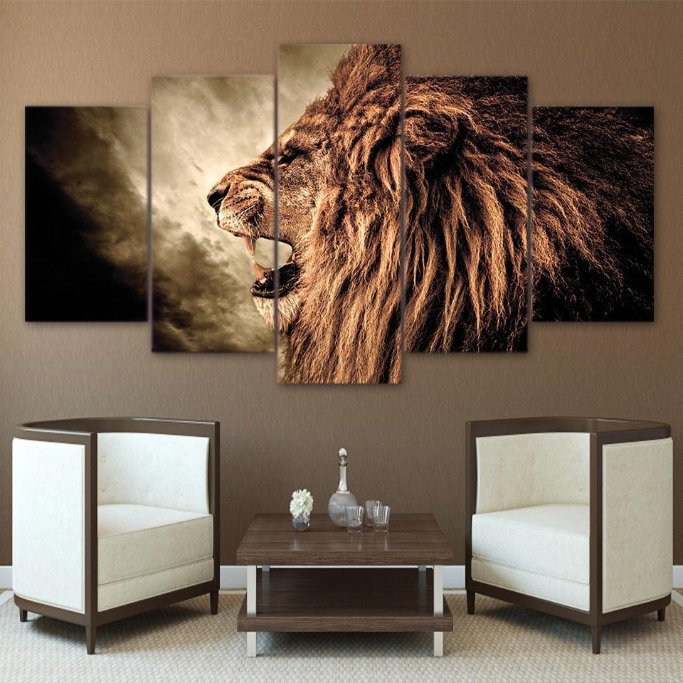 Grand Lion Howl 5 Piece HD Multi Panel Canvas Wall Art Frame-Original Frame