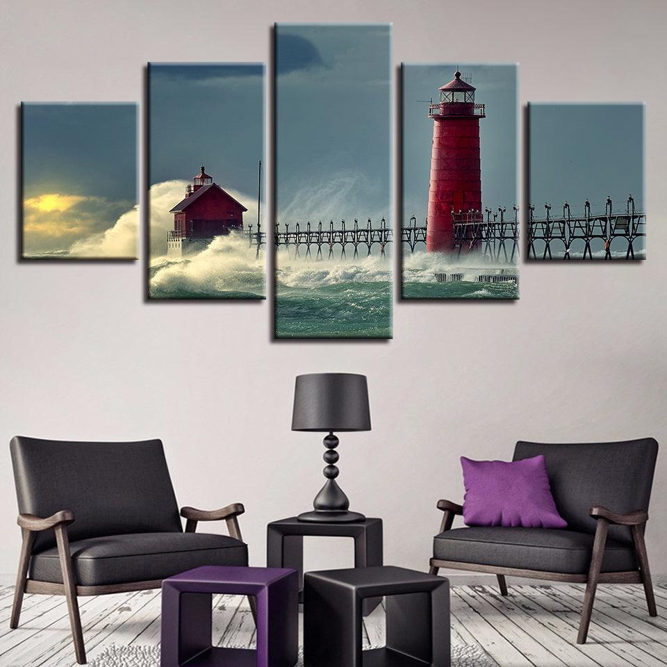 Lighthouse Seascape 5 Piece HD Multi Panel Canvas Wall Art Frame-Original Frame