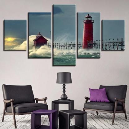 Lighthouse Seascape 5 Piece HD Multi Panel Canvas Wall Art Frame-Original Frame