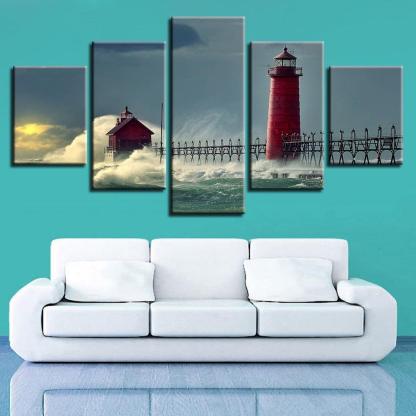 Lighthouse Seascape 5 Piece HD Multi Panel Canvas Wall Art Frame-Original Frame