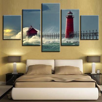 Lighthouse Seascape 5 Piece HD Multi Panel Canvas Wall Art Frame-Original Frame