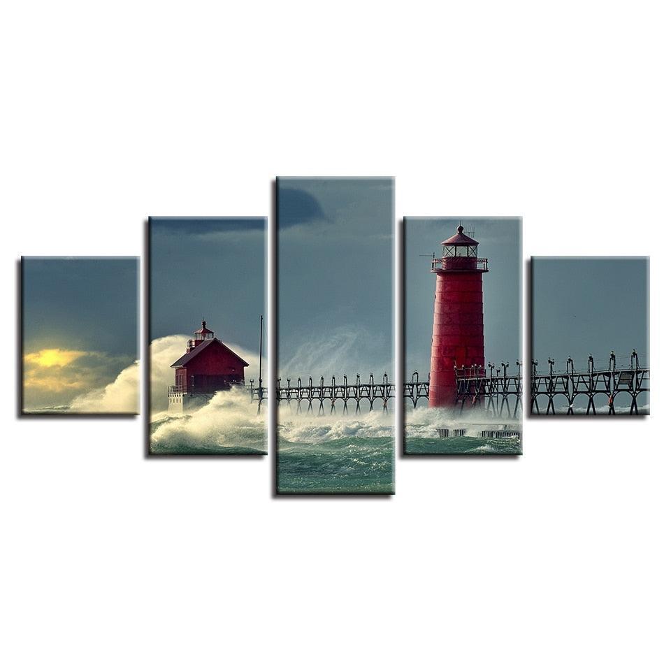 Lighthouse Seascape 5 Piece HD Multi Panel Canvas Wall Art Frame-Original Frame