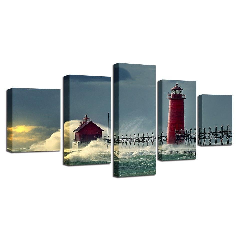 Lighthouse Seascape 5 Piece HD Multi Panel Canvas Wall Art Frame-Original Frame