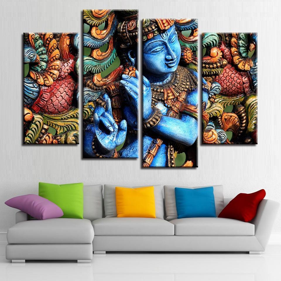 Lord Krishna 4 Piece HD Multi Panel Canvas Wall Art Frame-Original Frame