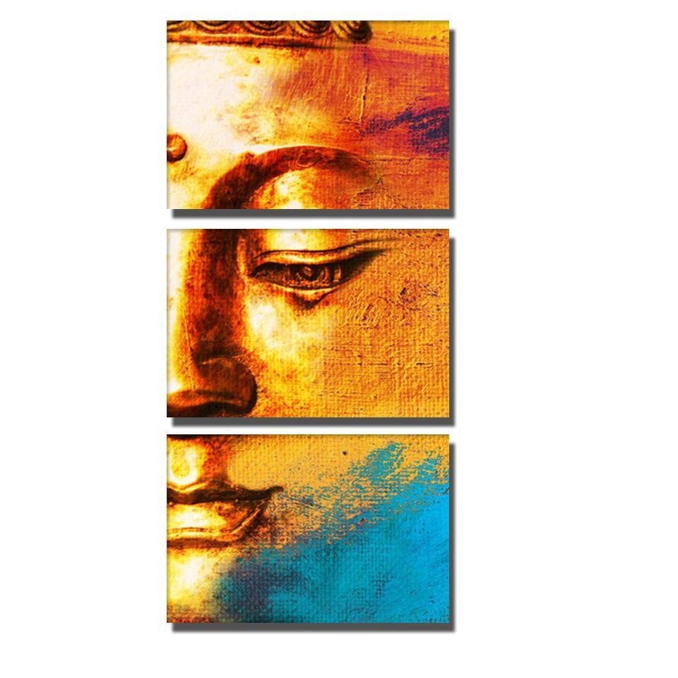 Buddha Face Print in Yellow 3 Piece HD Multi Panel Canvas Wall Art Frame-Original Frame