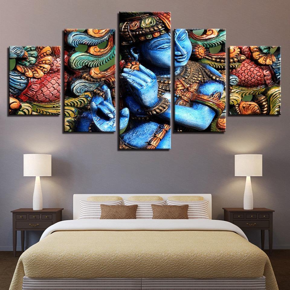 Lord Krishna 5 Piece HD Multi Panel Canvas Wall Art Frame-Original Frame