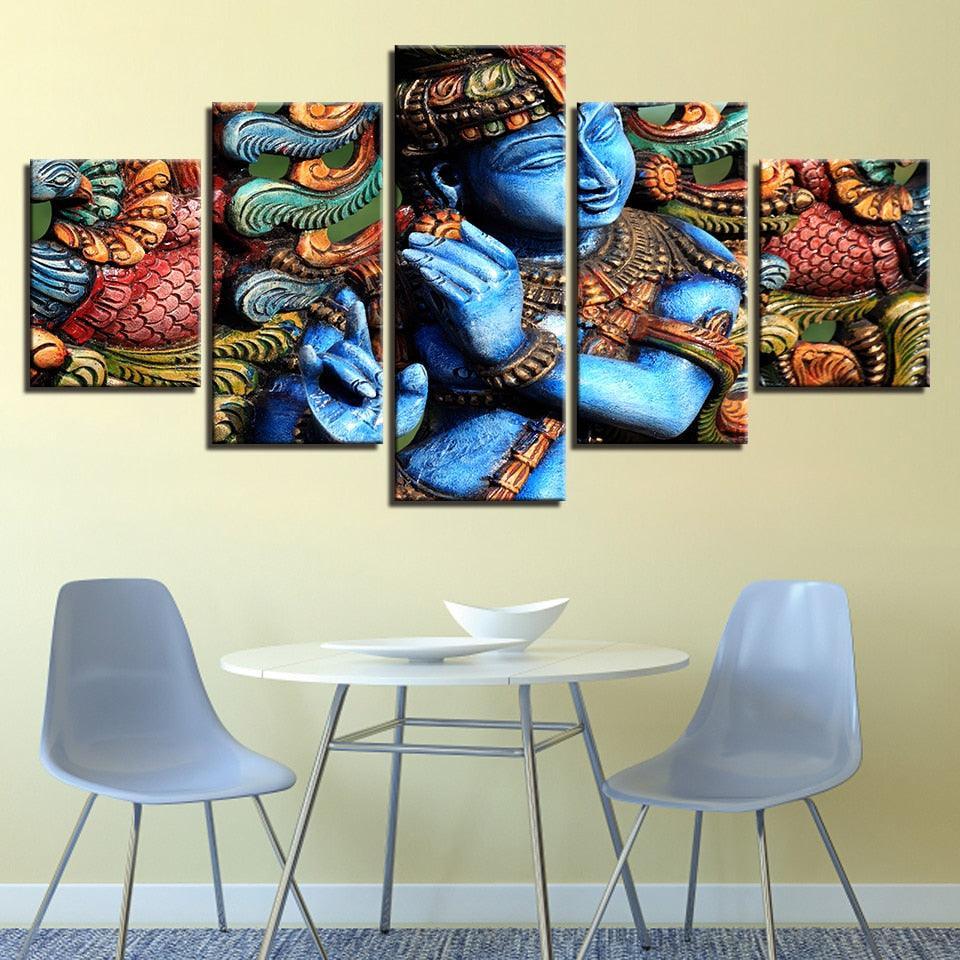 Lord Krishna 5 Piece HD Multi Panel Canvas Wall Art Frame-Original Frame